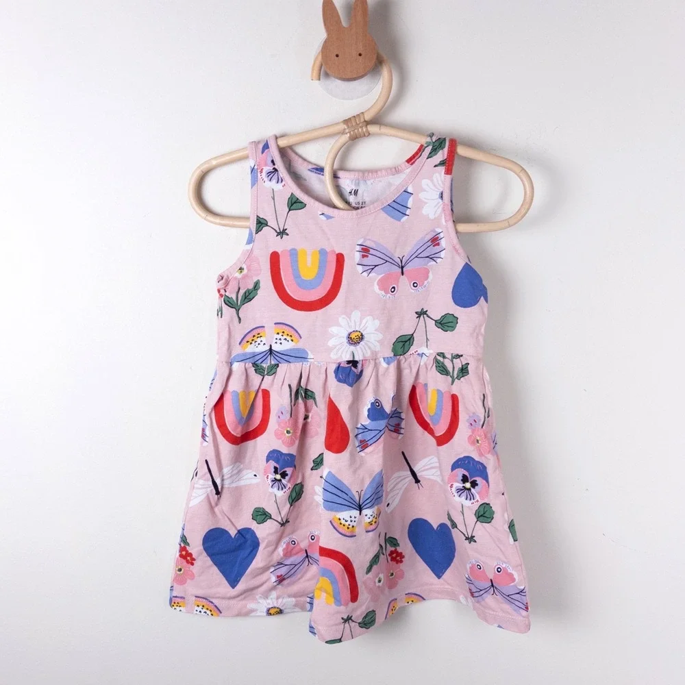 H&M Jersey Dress Kids 2T Pink Rainbow Butterfly Heart Daisy Sleeveless